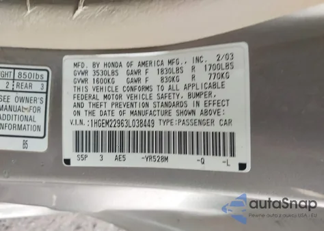 2003 Honda Civic Ex z USA, uszkodzony, nr VIN 1HGEM22963L038449